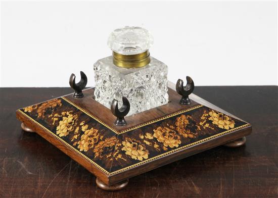 A Tunbridge ware rosewood flower mosaic banded inkstand, 6in.